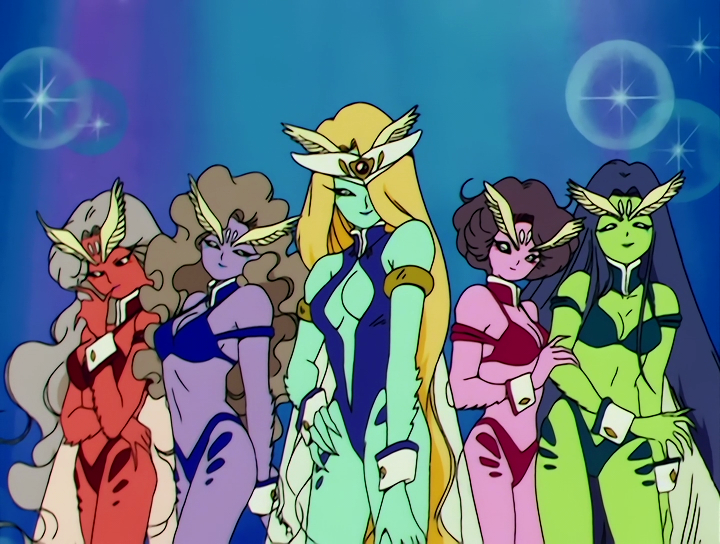 The DD Girls, Youma from Sailor Moon episode 45. There are five of them and they don’t have individual names, but they do have numbers. All of them are insect themed with feathery white antennae and transparent wings. From left to right, we have: Number V who’s orange, with a brown outfit and markings, and gray hair. Number IV who’s purple, with a dark blue outfit and markings, and grayish-brown hair. Number I who’s light blue, with a dark blue outfit and markings, and blonde hair. Also she wears a white tiara thing. Number III who’s pink, with a red outfit and markings, and brown hair. And Number II who’s green, with a dark green outfit and markings, and dark blue hair. They look a lot nicer than they are, and they don’t really look that nice.